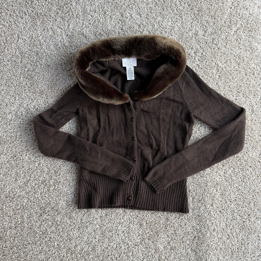 Ann Taylor LOFT Sweater Womens XSP Petite Brown Faux Fur Collar Cardigan Knit